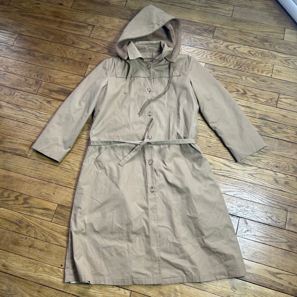 Vintage London Fog Maincoats Trench Coat Tan Beige‎ Hooded Faux Fur Liner 16R